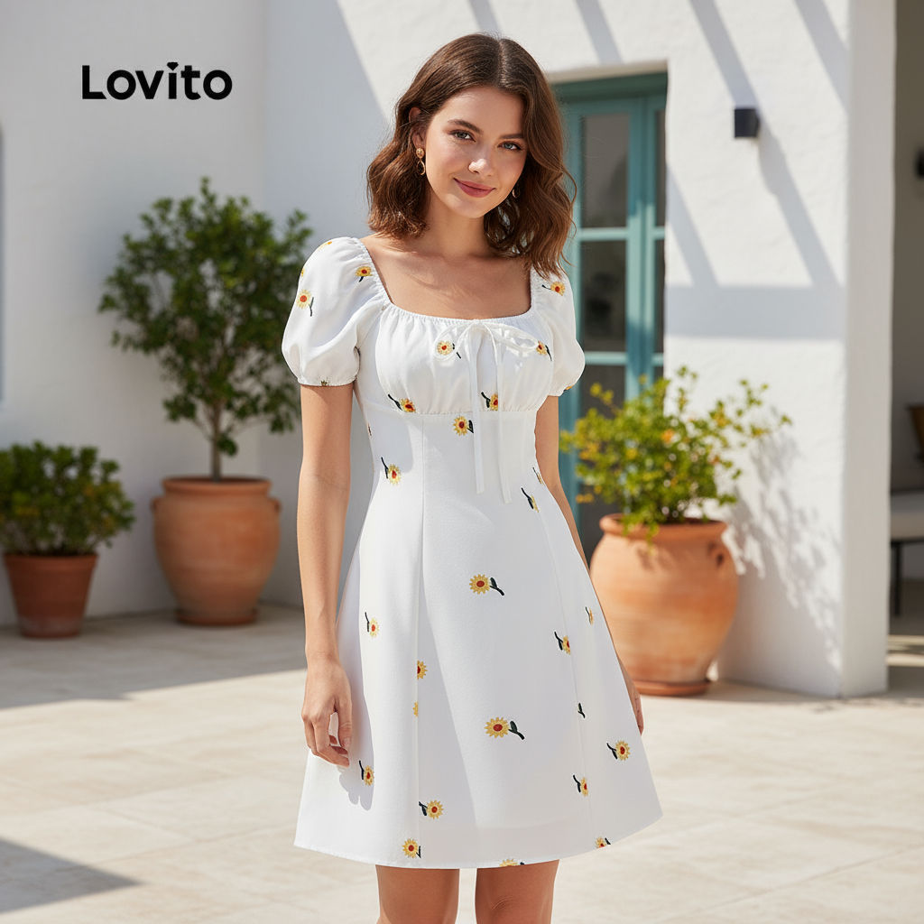 (trendy3)Lovito ชุดเดรสเชือกผูกหน้าลายดอกไม้น่ารักสำหรับผู้หญิง L125AD431