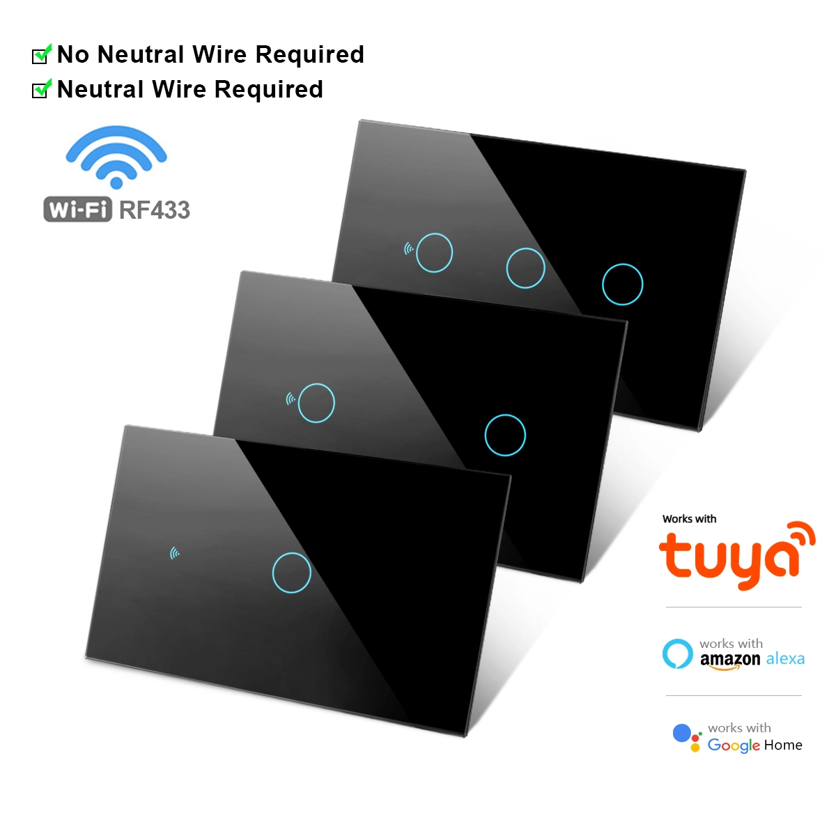 ใช้งานร่วมกับ Tuya US WiFi สวิตช์ไฟอัจฉริยะแบบสัมผัส RF433 1/2/3/4 ช่อง ไม่ต้องใช้สายกลาง พร้อมไฟ LED รองรับ Google Home และ Alexa สําหรับการควบคุมบ้านอัจฉริยะ