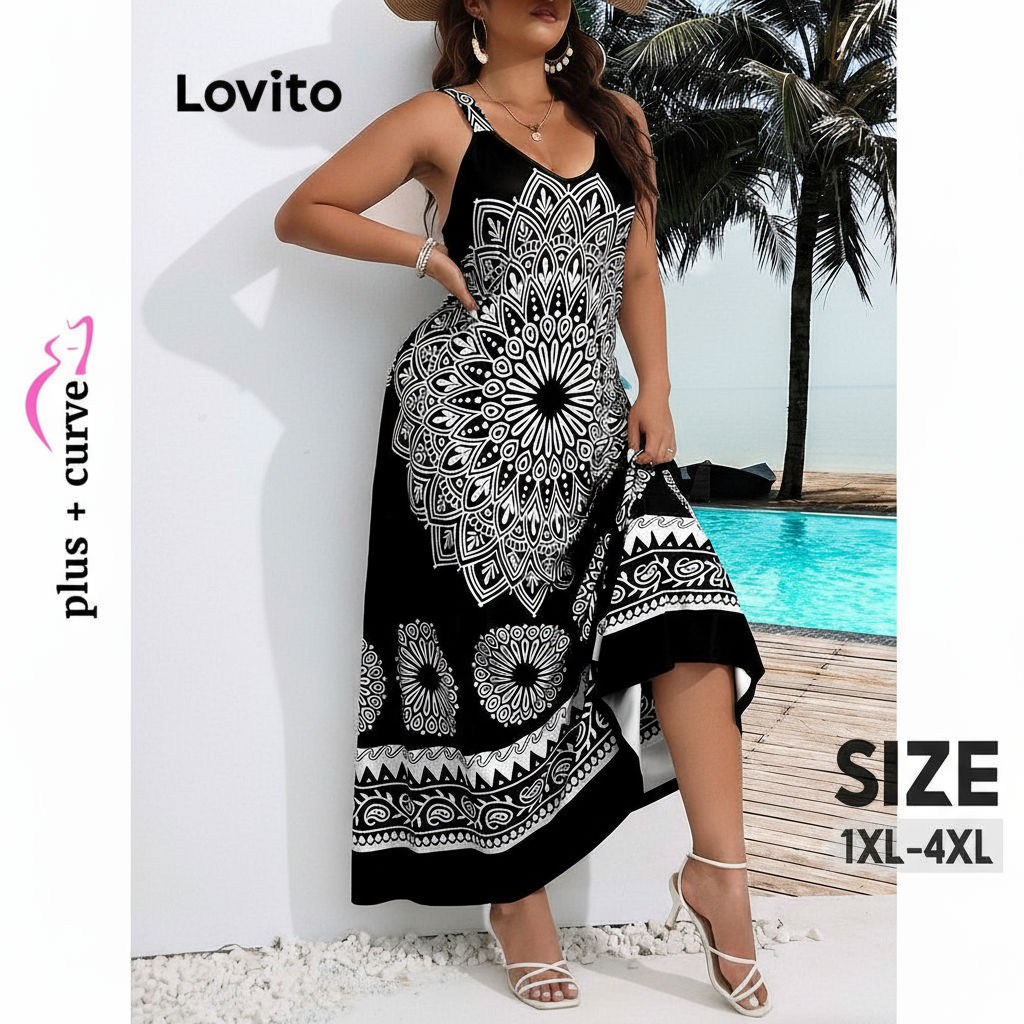 Lovito เดรสสาวอวบ พิมพ์ลายชนเผ่า สไตล์โบโฮ LBL16845