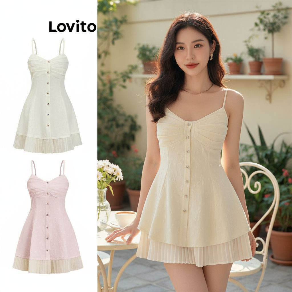 (Fashion_3) Lovito ชุดเดรสลําลองชุดเดรสกระดุม ผ้าแจ็คการ์ด แบบจีบฤดูร้อนสําหรับผู้หญิง L86ED347