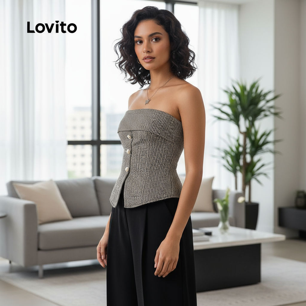 Lovito เสื้อกล้ามผู้หญิง ลายกิงแฮม ตาราง กระดุมหน้า ใส่สบาย สไตล์ L105MD421