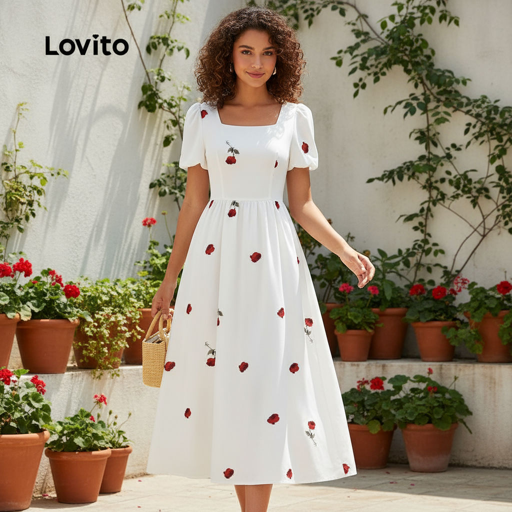 Lovito ชุดเดรสร่มรื่นดอกไม้ปลายระบายแขนเสื้อผ้าสีขาวนวลฤดูใบไม้ผลิ/ฤดูร้อน L138ED462