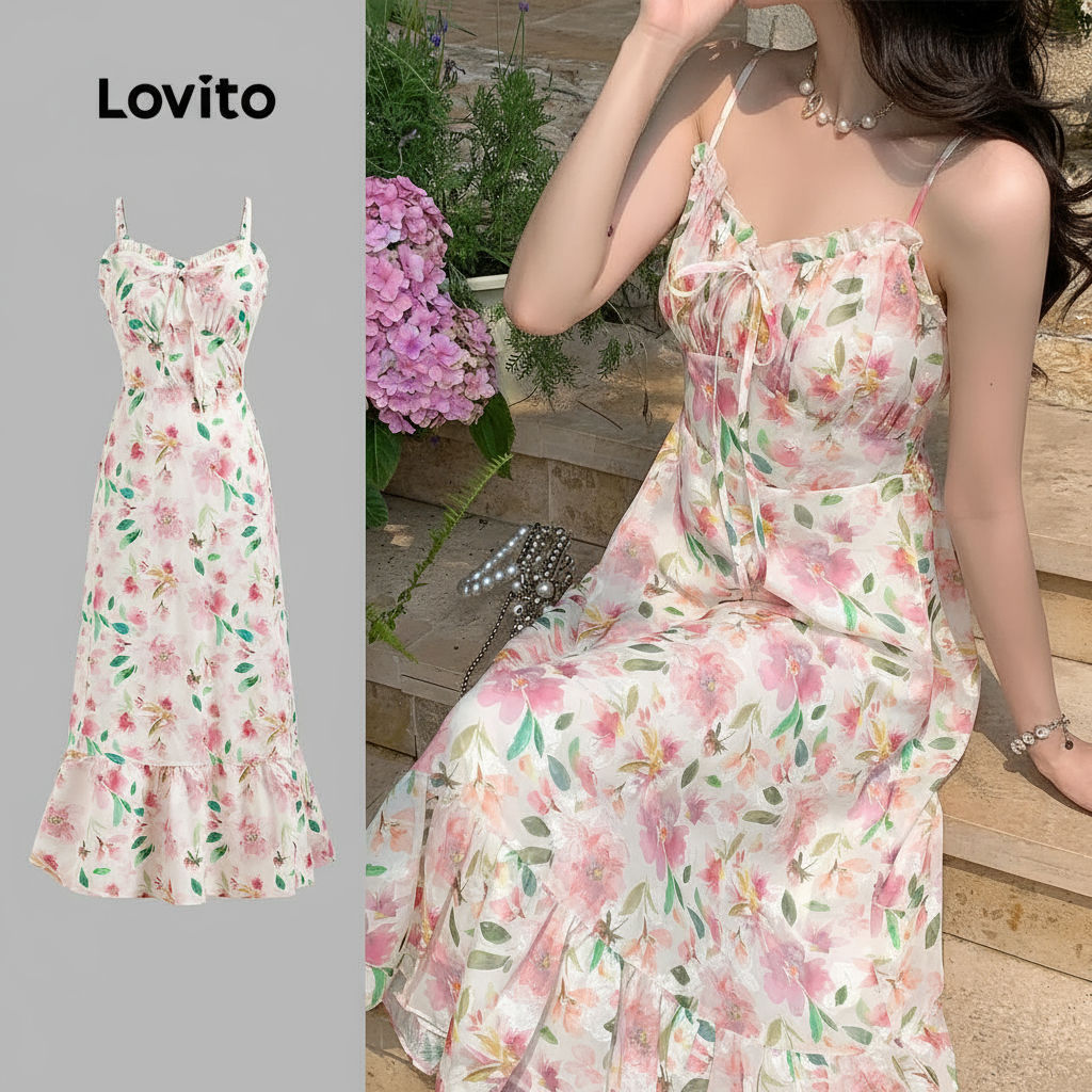(trendy5)Lovito โบฮีเมียนลายเดซี่ชุดเดรสซิปผูกเชือกลายดอกไม้สําหรับผู้หญิง L123ED635