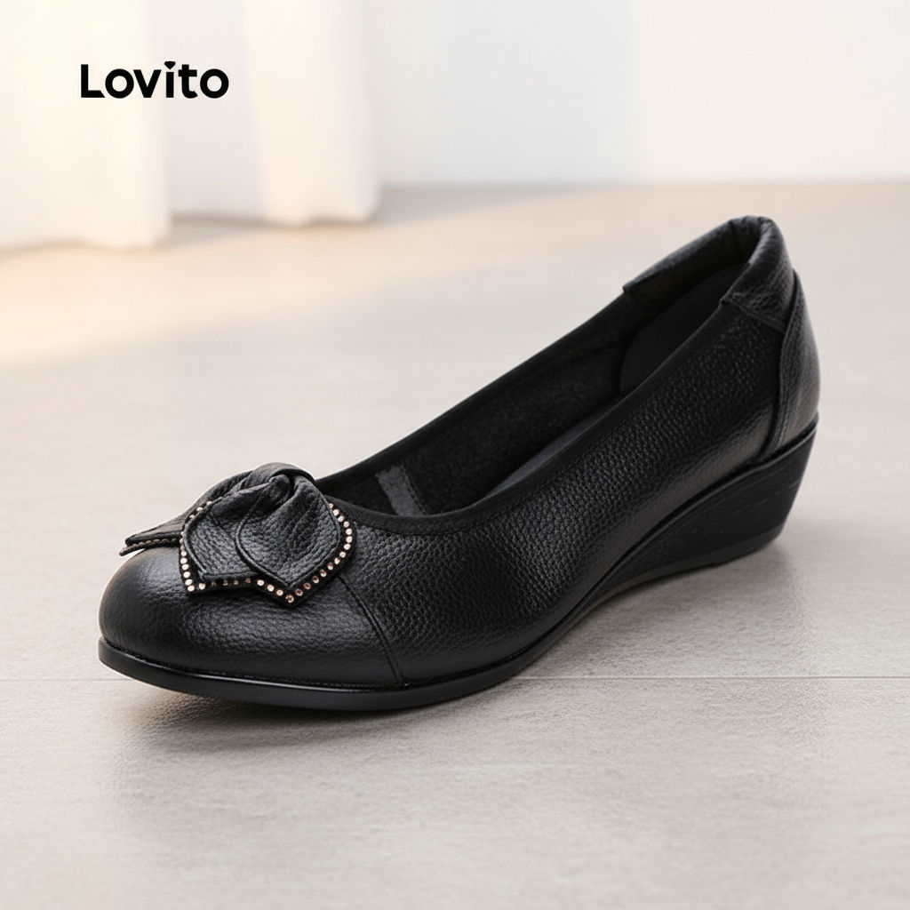 Lovito สง่างามธรรมดาหนังนุ่มสวมทนระบายอากาศกันน้ําแม่รองเท้าบัลเล่ต์แฟลตสําหรับผู้หญิง LFA76317