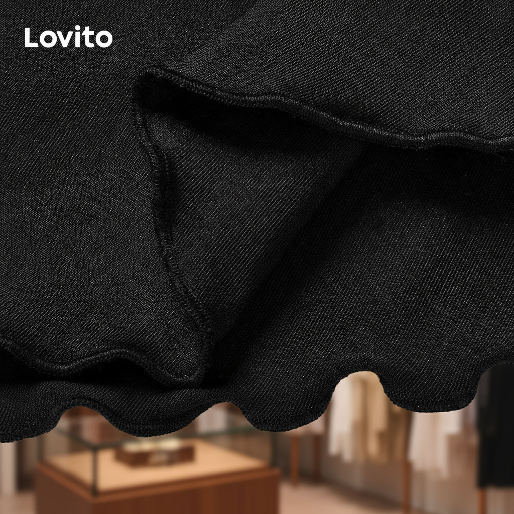 (trendy3) Lovito กระโปรงลำลองผู้หญิง ทรงเรียบ ผูกเชือก ชายกระโปรงระบายเป็นชั้น กระโปรงฤดูร้อน/ฤดูใบไ