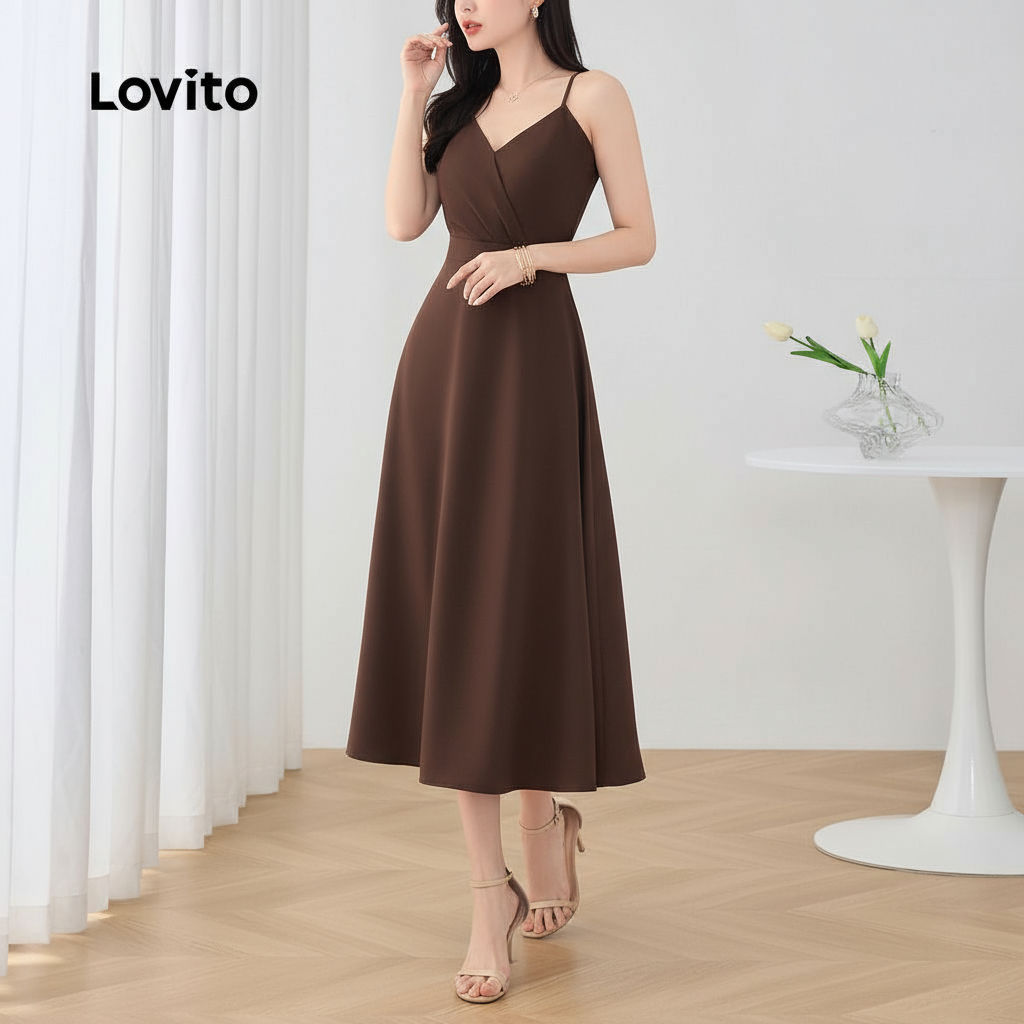 Lovito ชุดลําลองปุ่มจีบชุดฤดูร้อน/ฤดูใบไม้ผลิสําหรับผู้หญิง L129AD1003