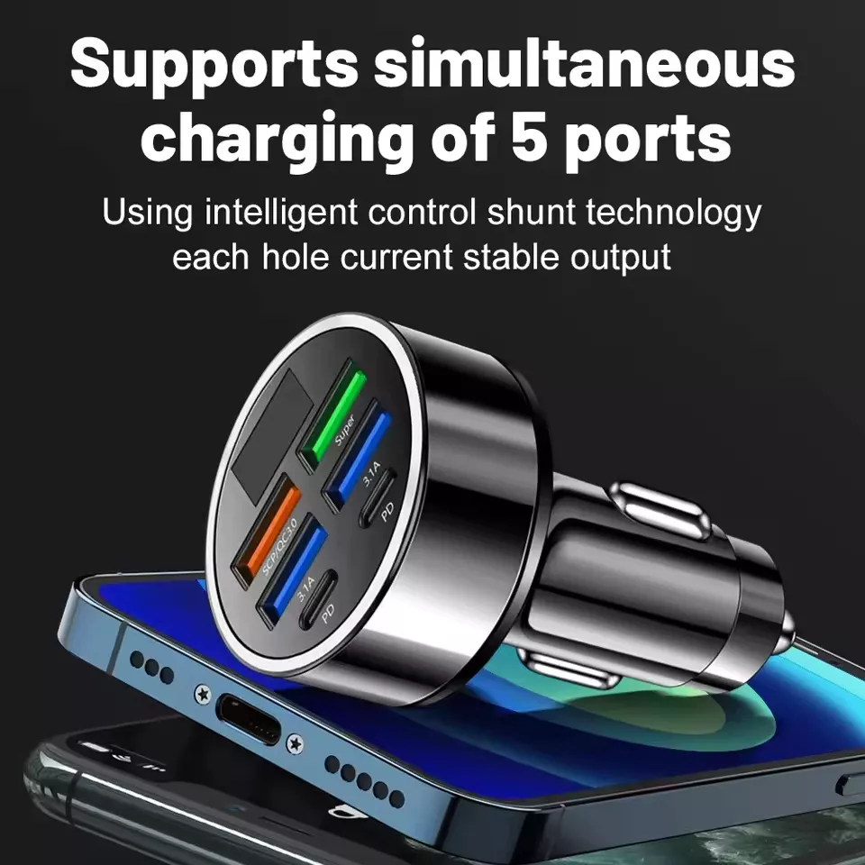 อะแดปเตอร์ชาร์จเร็ว 6-in-1 ในรถยนต์ 3.1A Dual Type-C หน้าจอแสดงผลดิจิทัล สมาร์ทโฟน แท็บเล็ต เพาเวอร์แบงค์ สีดํา ที่ชาร์จแบบพกพา thumbnail 5