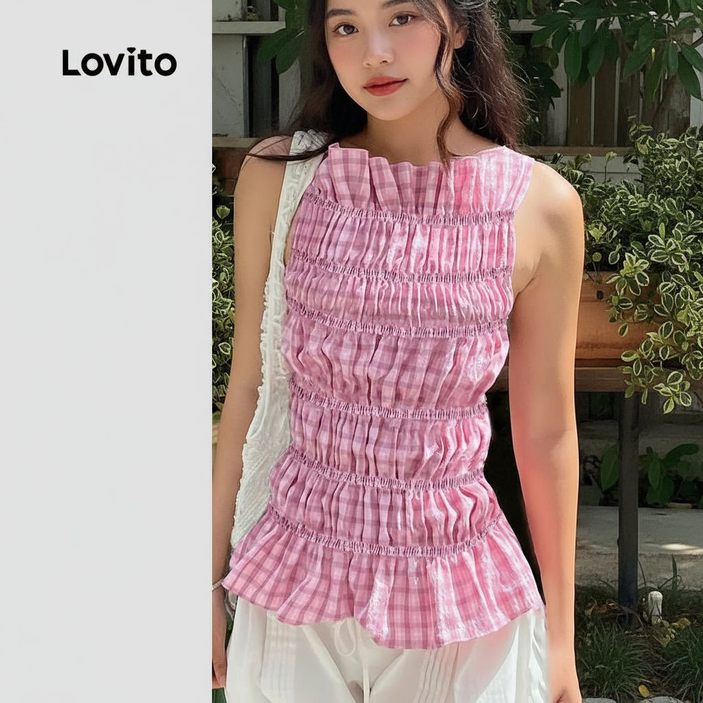 (Trendy2) Lovito เสื้อกล้ามลายกิงแฮมน่ารักสำหรับผู้หญิงในช่วงฤดูร้อน/ฤดูใบไม้ผลิ L125AD139