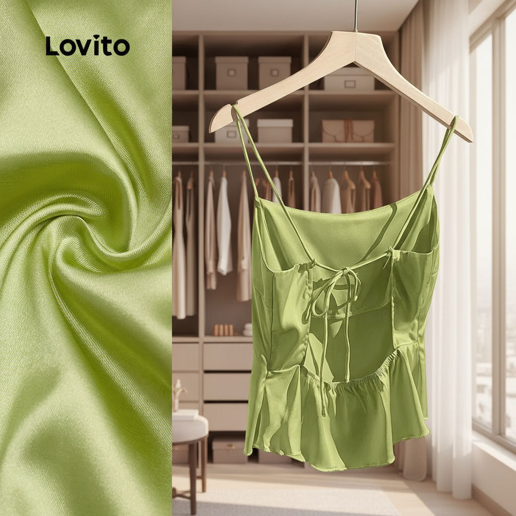(trendy6)Lovito สายแฟชั่นสบาย ๆ กับสายหลัง ท็อป โชว์ความเงา สไตล์ฤดูใบไม้ผลิ/ฤดูร้อน สีเขียวเมลอนน้ำ