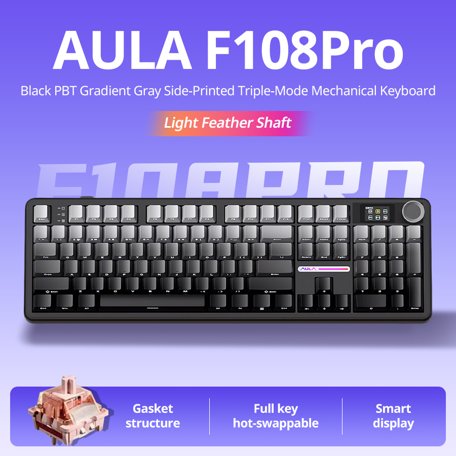คีย์บอร์ดแมคคานิคอล AULA F108pro 108 ปุ่ม ไฟ RGB 3 โหมด (มีสาย/บลูทูธ/2.4G) สวิตช์ Wind Spirit สีดํา