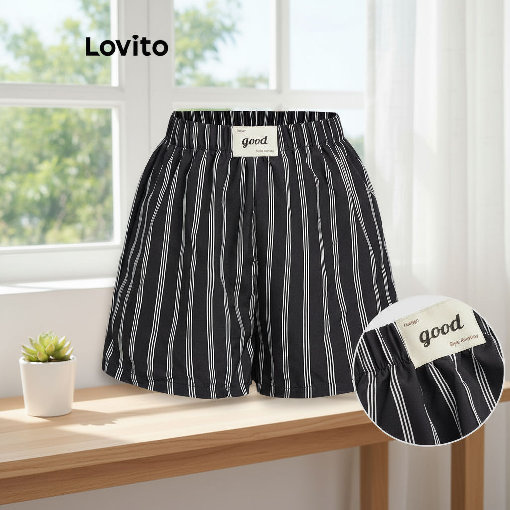 (trendy5)Lovito กางเกงขาสั้นลายทางสีบล็อกลำลองสำหรับผู้หญิง L112ED507