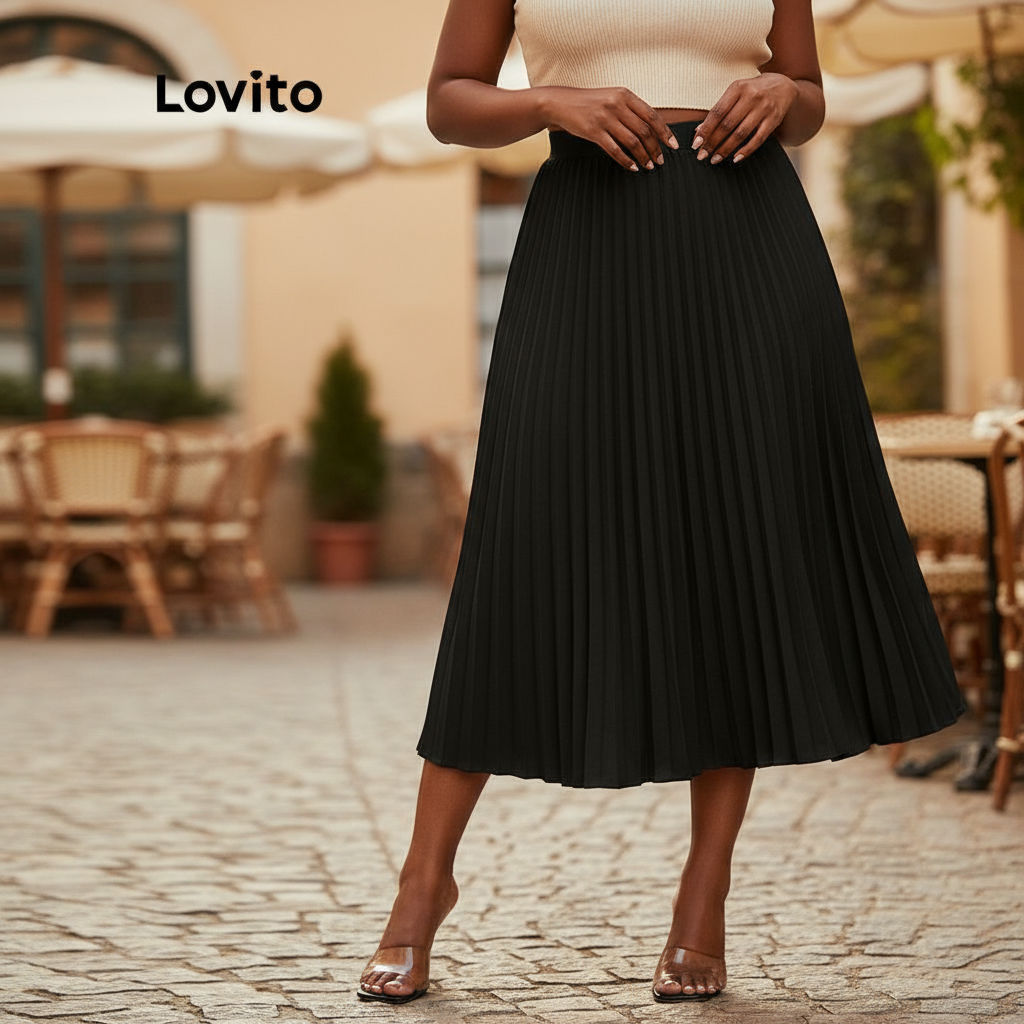 (trendy6)Lovito กระโปรงสาวอวบ แต่งจีบ สีพื้น สไตล์หรูหรา LBL16158