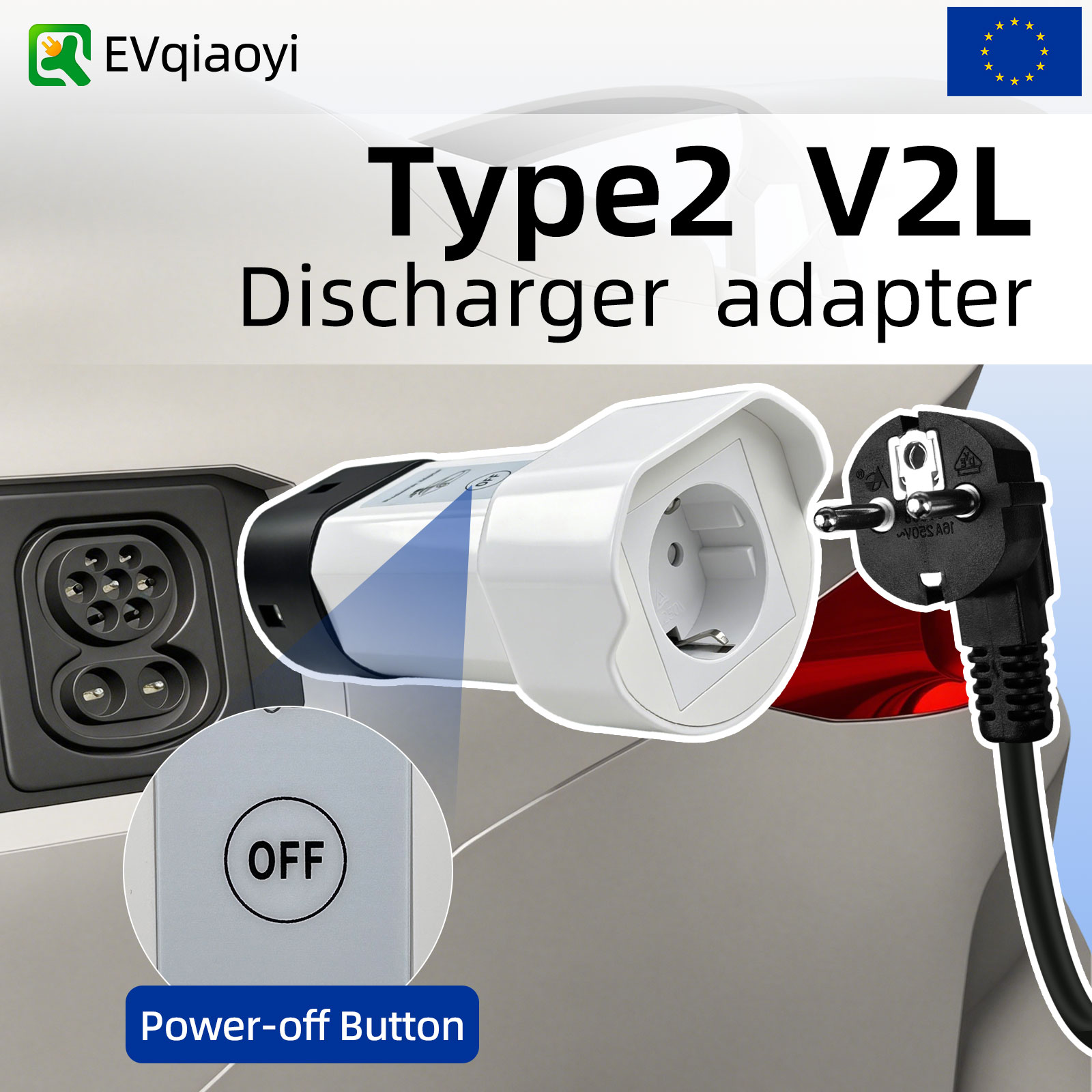 Evqiaoyi Type2 V2l Ev Discharge Adapter พร้อมปุ่มปิดไฟสําหรับ Camping Byd Chery Geely