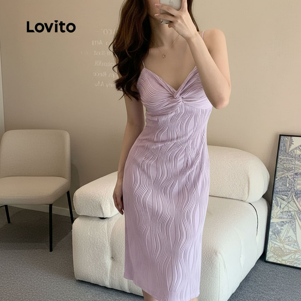 trendy6-Lovito ชุดเดรสปมประกบเรียบหรูหราสําหรับผู้หญิง L131ED084