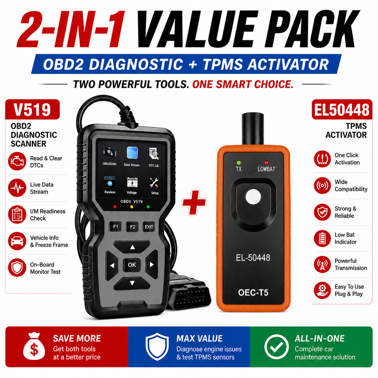 Obd2 Tpms Relearn Scanner Kit รีเซ็ตทดสอบการซ่อมแซมวินิจฉัย V519 2 ชิ้น