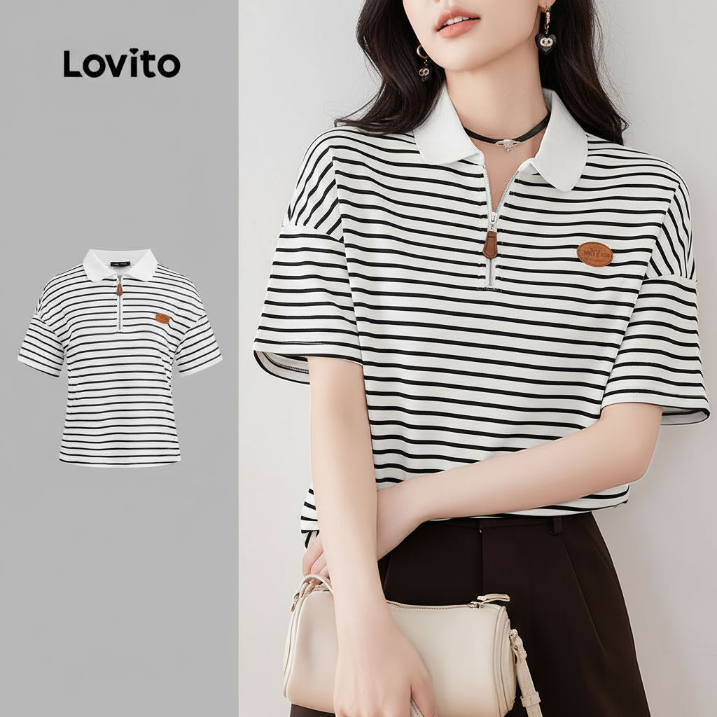 trendy6-Lovito เสื้อยืดคอปกซิปแบบลำลอง สีดำ-ขาว สำหรับฤดูใบไม้ผลิ/ฤดูร้อน L139AD025
