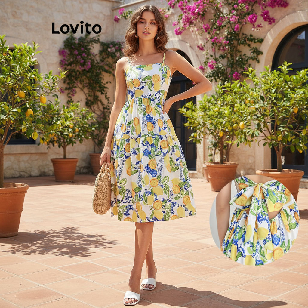 (trendy2)Lovito โบฮีเมียนเดรสผลไม้และผัก ผูกเชือกเดรสสําหรับผู้หญิง L112ED625