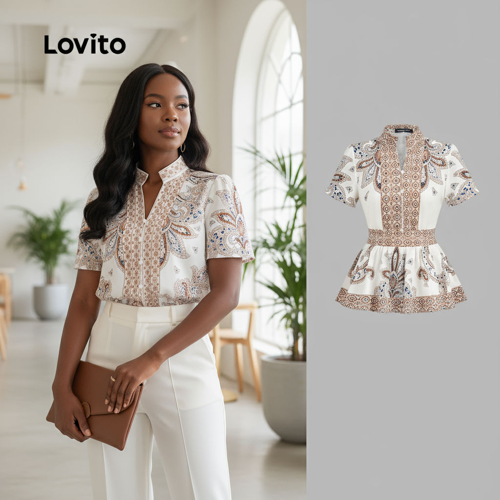 เสื้อแขนสั้นLovito Simple พิมพ์ลาย คอปกยืนขึ้น ทรงกระโปรง.BLB154P1D1