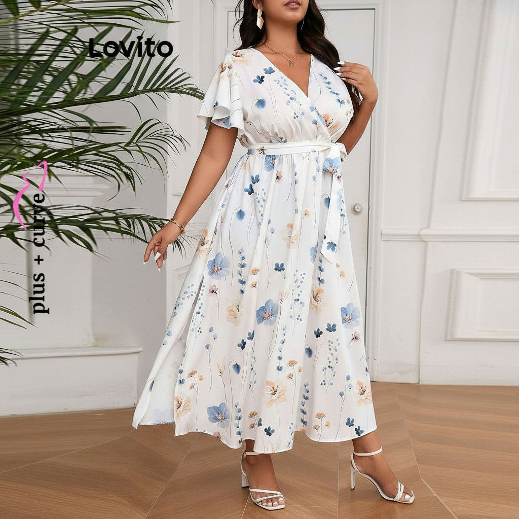 Lovito ชุดเดรสทรงโค้งไซส์ใหญ่ โบฮีเมียนชุดเดรสลายดอกไม้ผูกเชือกสําหรับผู้หญิง LBL18750