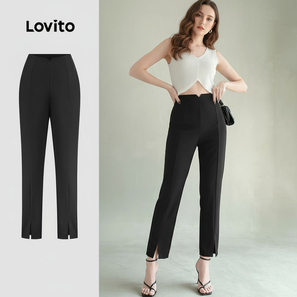 (trendy5)Lovito กางเกงซิปธรรมดาหรูหราสําหรับผู้หญิง L128ED777