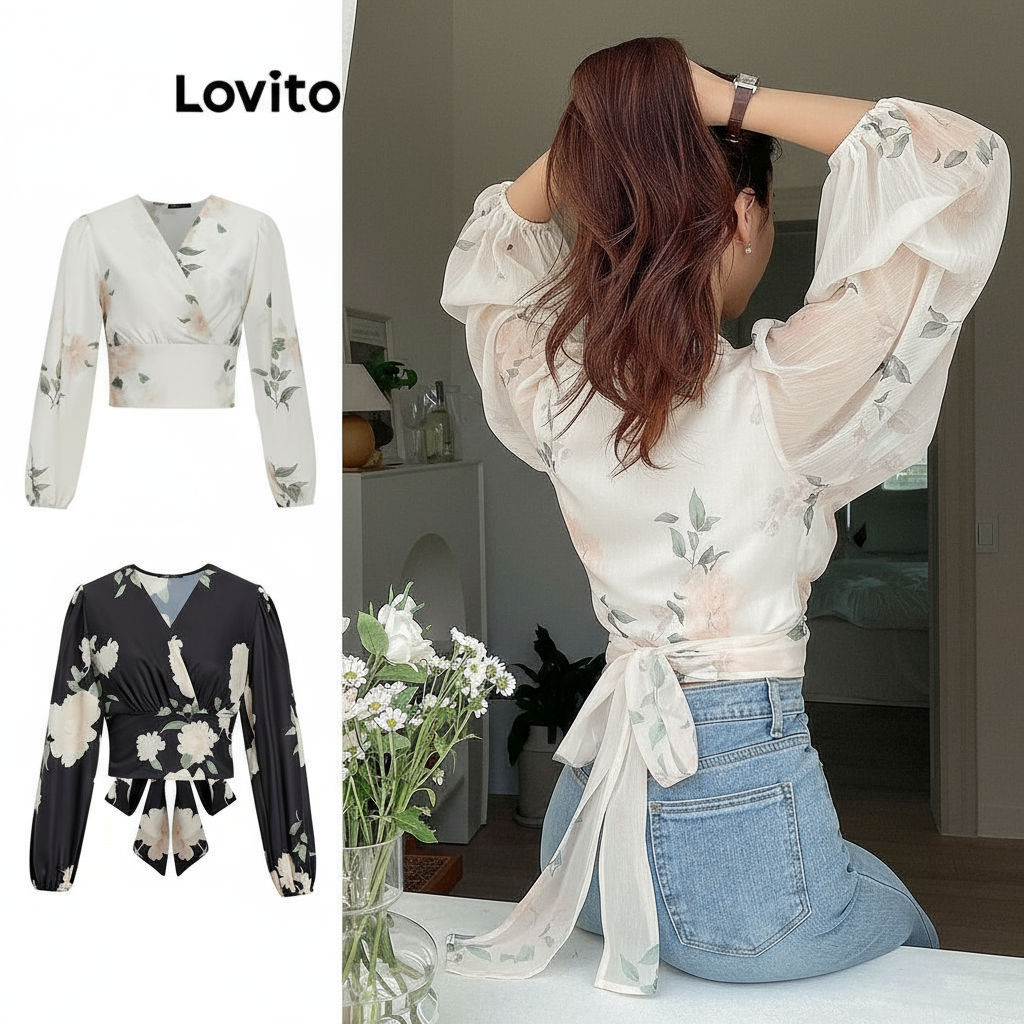 (trendy6)Lovito เสื้อเบลาส์ผู้หญิง แต่งตาข่าย สายไขว้ ลายดอกไม้ สไตล์โบโฮ L68ED025 (หลากสี)