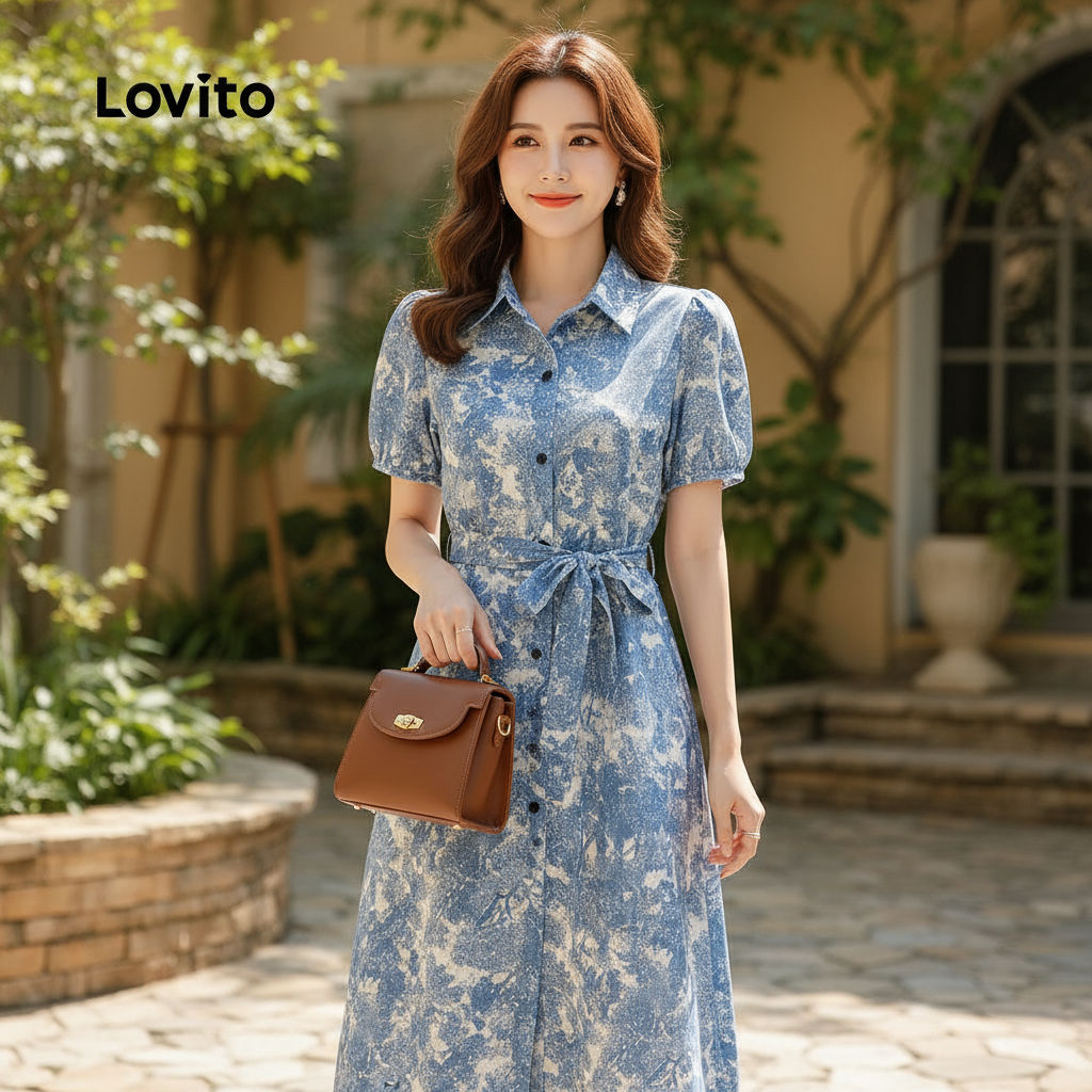 ชุดเดรสแขนสั้นLovito แบบคอปก พิมพ์ลายสวย DRB154PBD226