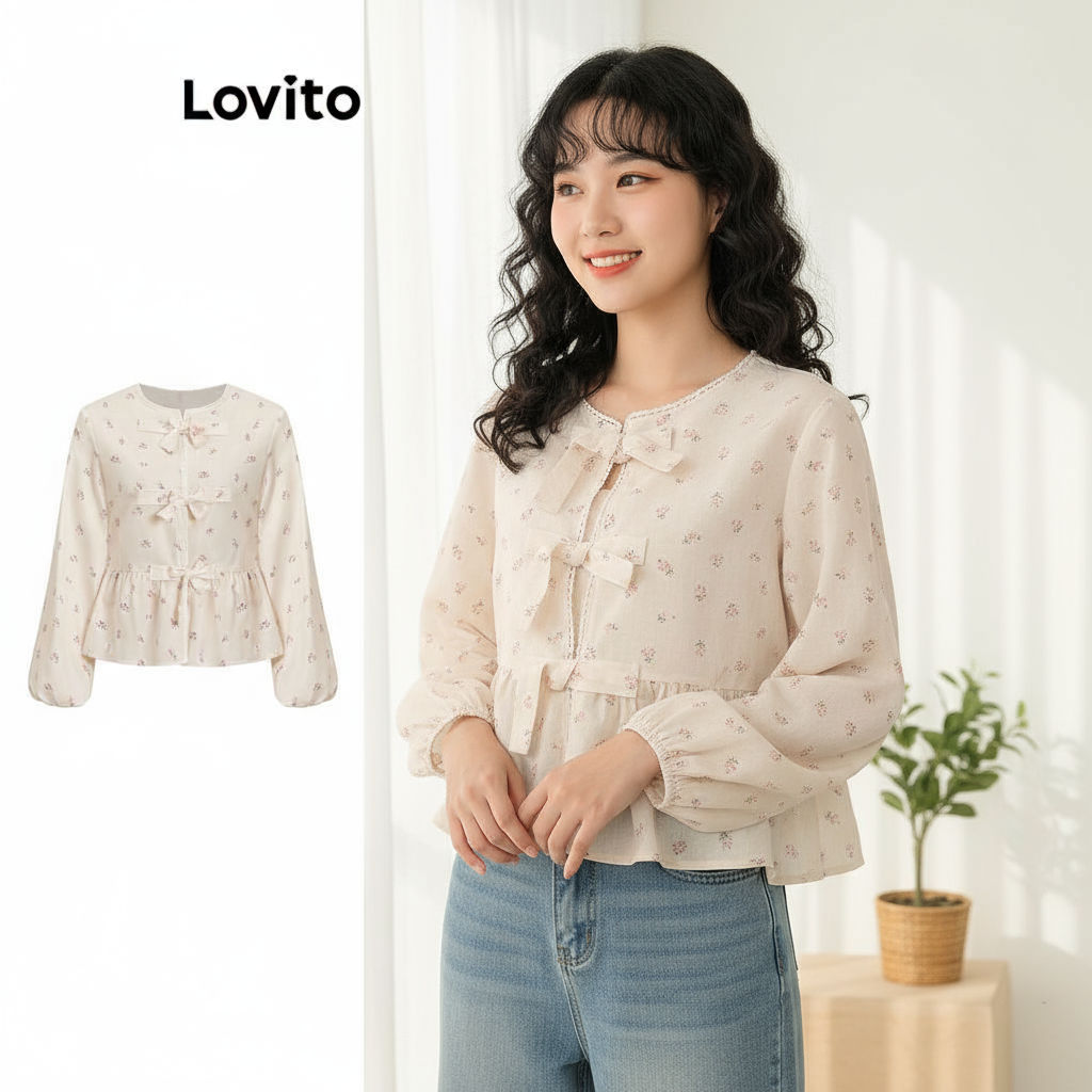 (Fashion_4) Lovito เสื้อน่ารัก ลายเดซี่เสื้อลูกไม้ด้านหน้าลายดอกไม้สําหรับผู้หญิง L106AD869