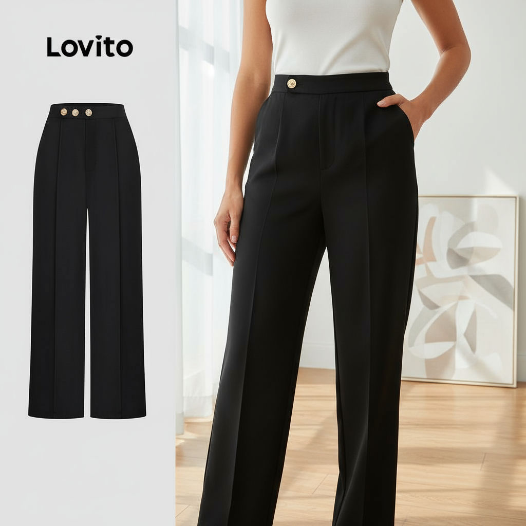 Lovito กางเกงสีดําโลหะอสมมาตรหรูหราสําหรับผู้หญิง LBL25102