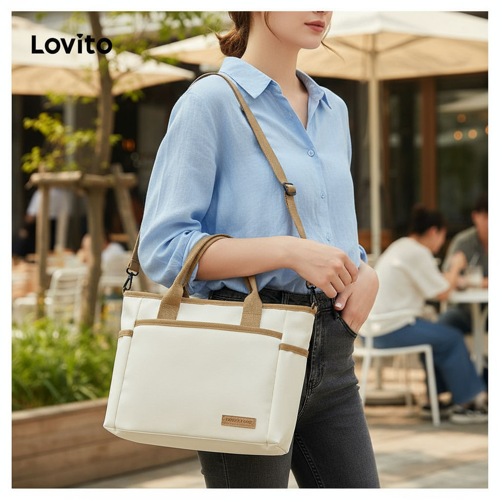 Lovito กระเป๋าผ้าแคนวาสเรียบง่ายธรรมดาลําลองความจุขนาดใหญ่ปิดกั้นสีเวอร์ชั่นเกาหลีกระเป๋าสะพายไหล่สํ
