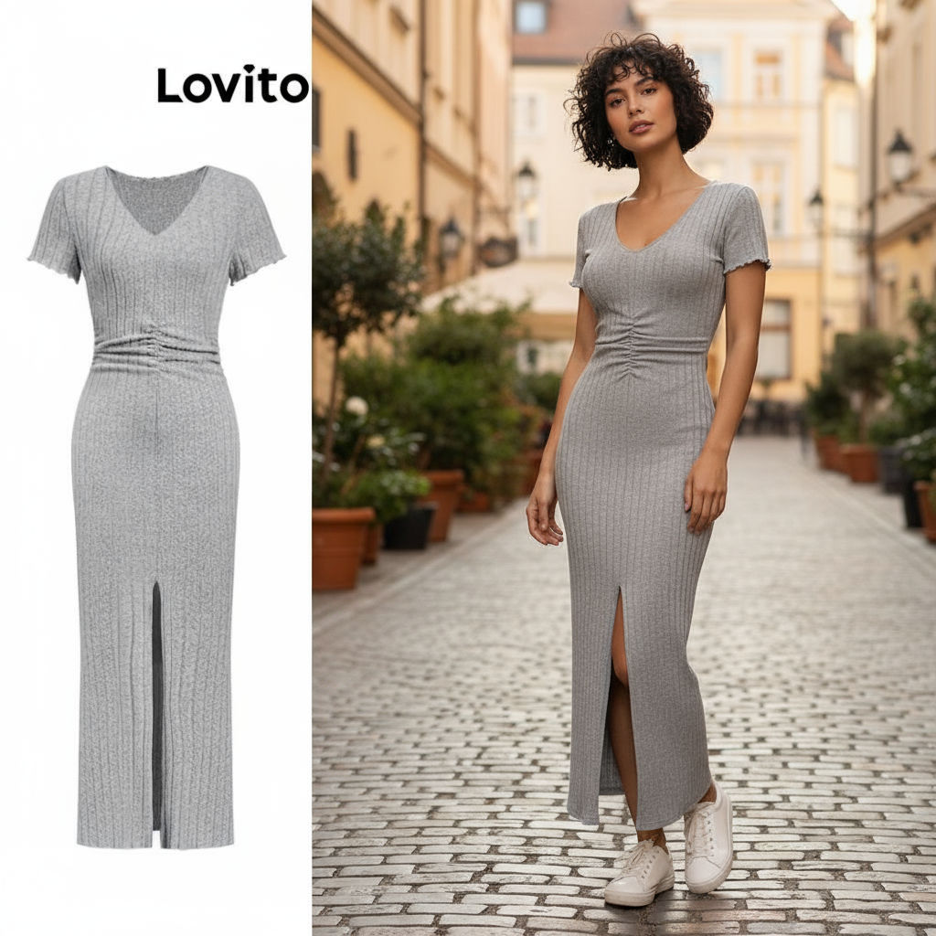 (trendy3)Lovito ชุดเดรสลําลองชุดเดรสด้านหน้าแบบแยกธรรมดาสําหรับผู้หญิง L108ED610