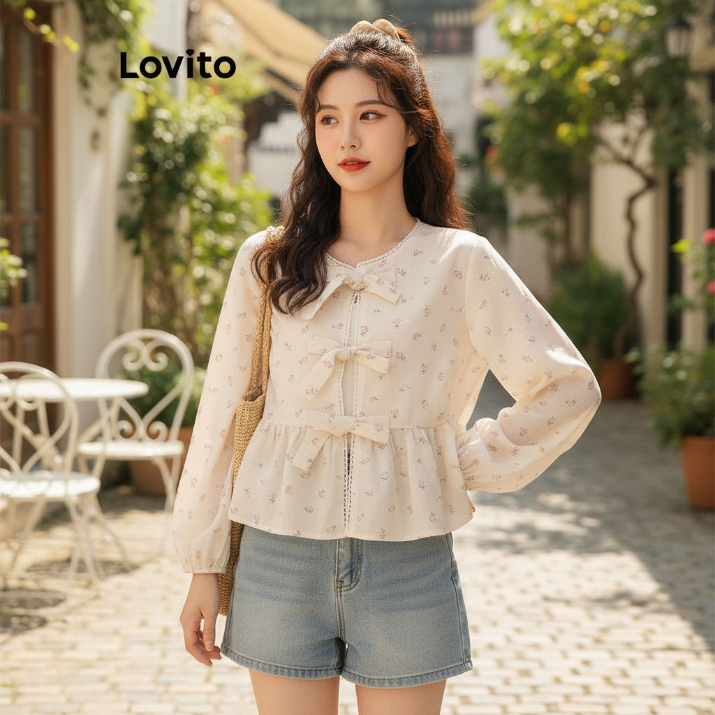 (Fashion_3) Lovito เสื้อน่ารัก ลายเดซี่เสื้อลูกไม้ด้านหน้าลายดอกไม้สําหรับผู้หญิง L106AD869