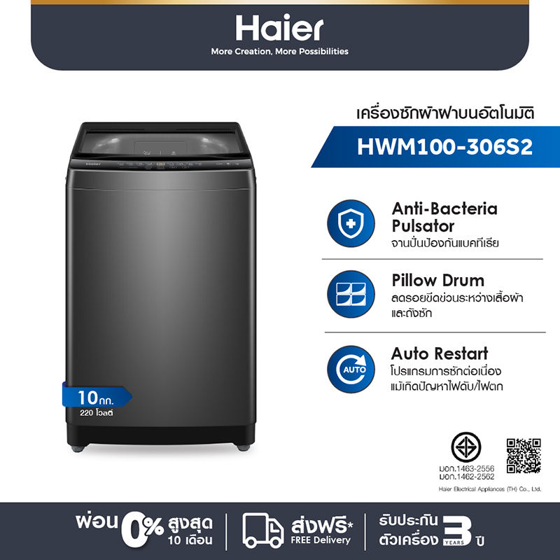 Haier เครื่องซักผ้าฝาบนอัตโนมัติ ขนาด 10 kg รุ่น HWM100-306S2