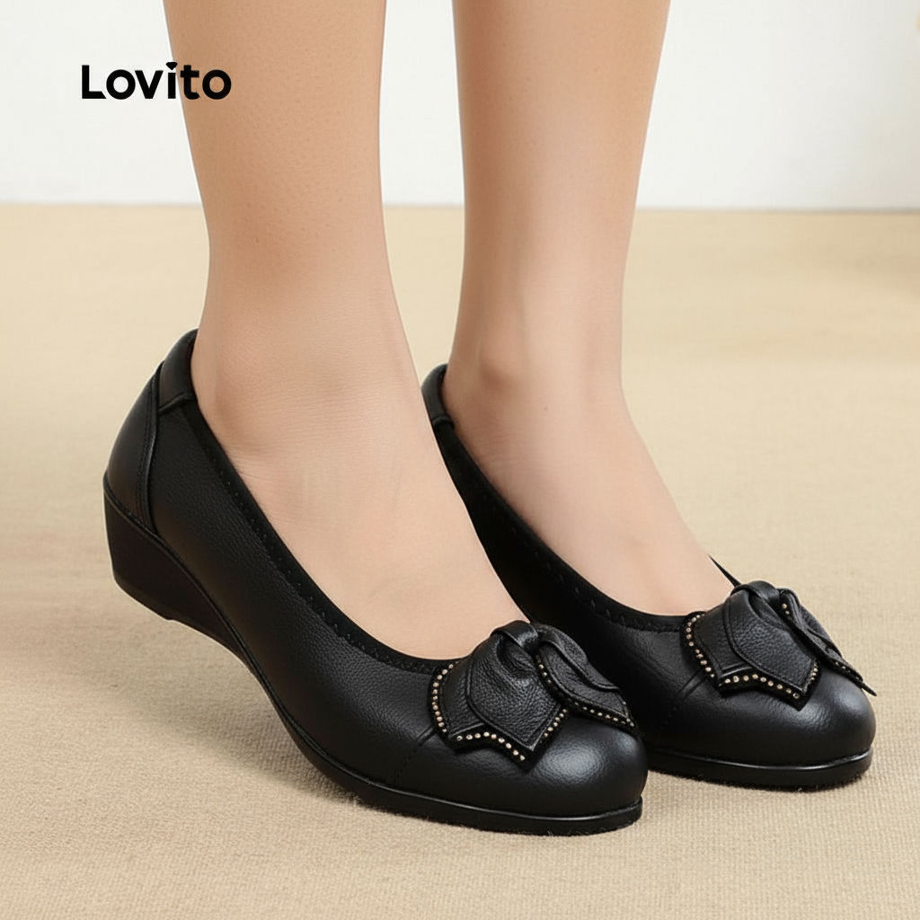 (Trendy2) Lovito สง่างามธรรมดาหนังนุ่มสวมทนระบายอากาศกันน้ําแม่รองเท้าบัลเล่ต์แฟลตสําหรับผู้หญิง LFA