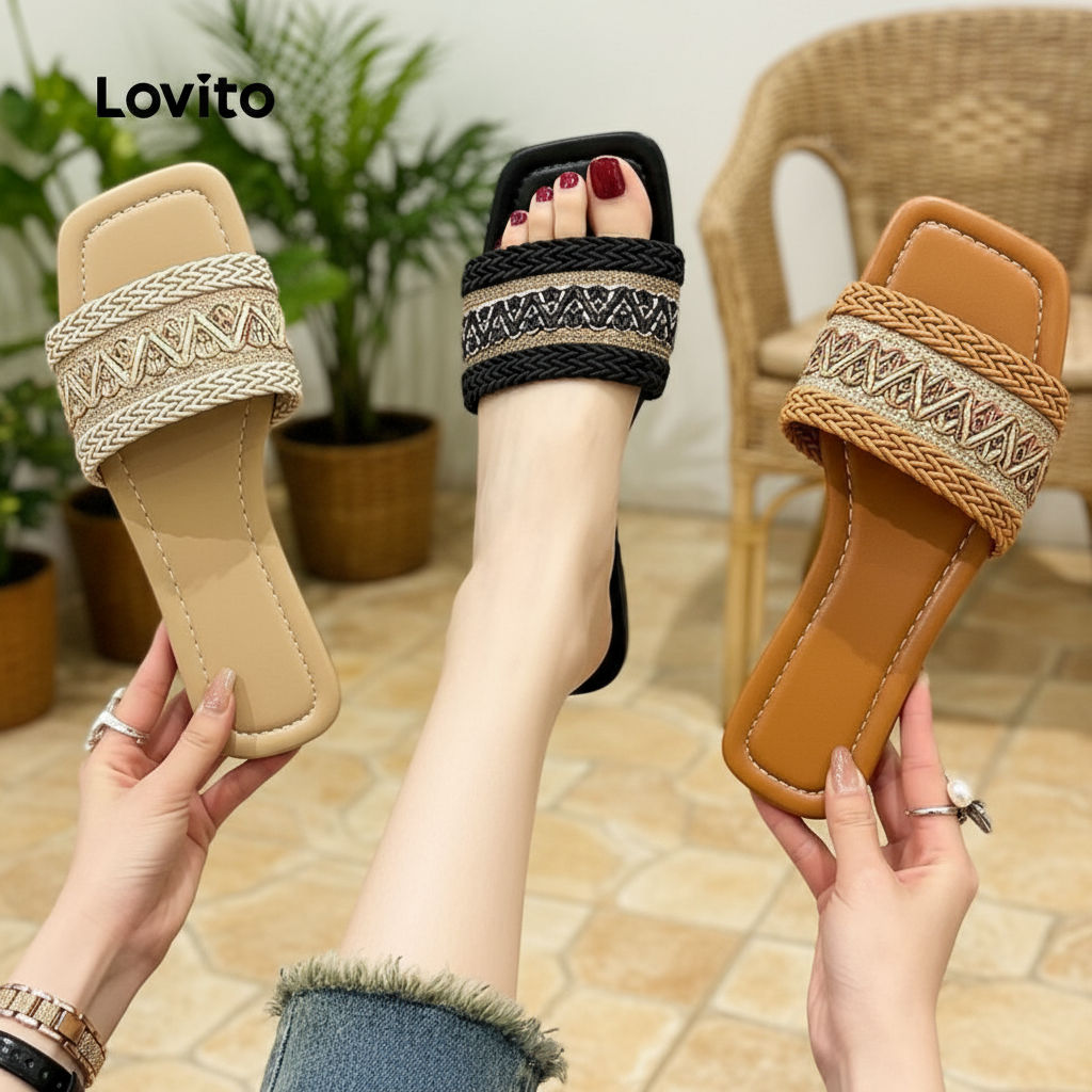 Lovito โบโฮ ธรรมดาสไตล์ชาติพันธุ์ฟางดูดซับเหงื่อสวมรองเท้าแตะนอกวันหยุดเดินทางรองเท้าแตะแบนสําหรับผู