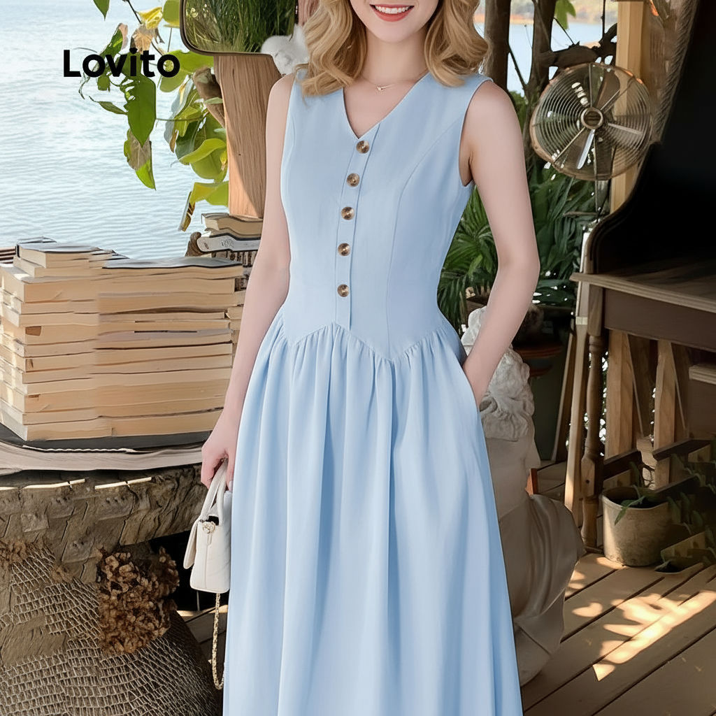 trendy5-Lovito ชุดเดรสฤดูใบไม้ผลิ/ฤดูร้อนสีฟ้าซิปธรรมดาหรูหราสําหรับผู้หญิง L134LD189