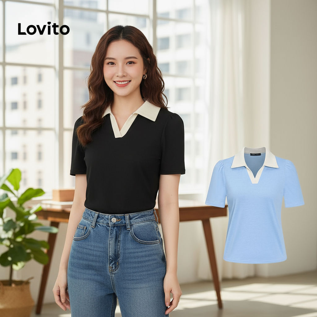 (trendy3)Lovito เสื้อคอปกผู้หญิง แต่งจีบ บล็อกสี สีพื้น สไตล์ลำลอง L83EN248(หลากสี)