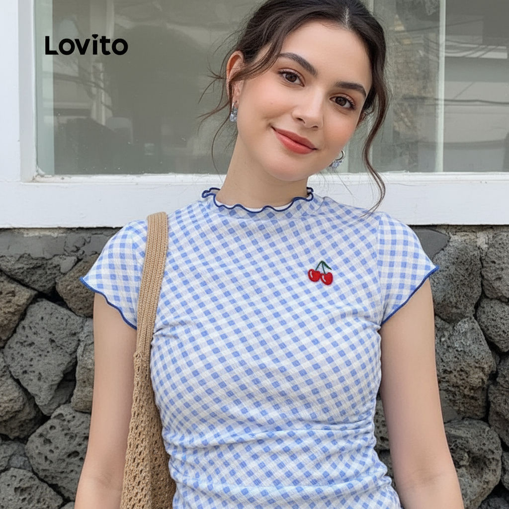 Lovito เสื้อยืดสบาย ๆ ปักลาย ซีซั่น สีน้ำเงิน สำหรับผู้หญิง L151AD476\3
