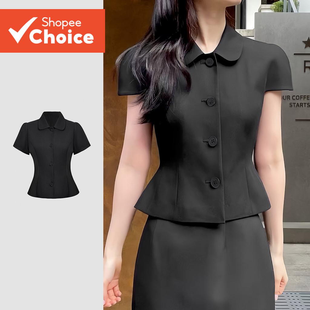 Lovito สง่างาม เสื้อเชิ้ตสำหรับผู้หญิง สไตล์คลาสสิก สวมใส่ได้หลากหลาย กระดุมด้านหน้า มีระบาย เหมาะสำหรับฤดูใบไม้ผลิ/ฤดูร้อน สีน้ำตาล L164ED1049