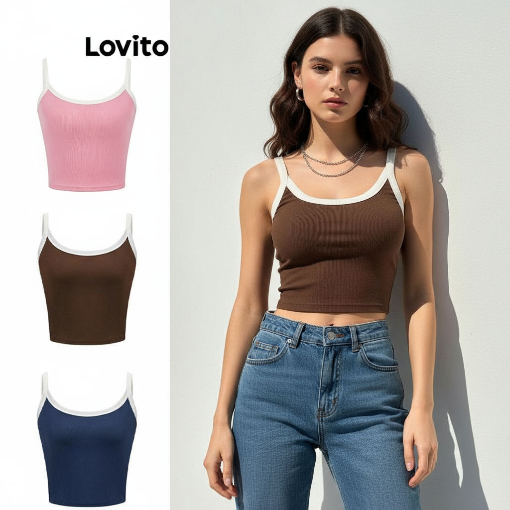 (trendy5)Lovito เสื้อกล้ามผู้หญิง สไตล์ลำลอง สีพื้น คอนทราสท์ไบดิ้ง L70AD028 (หลากสี)