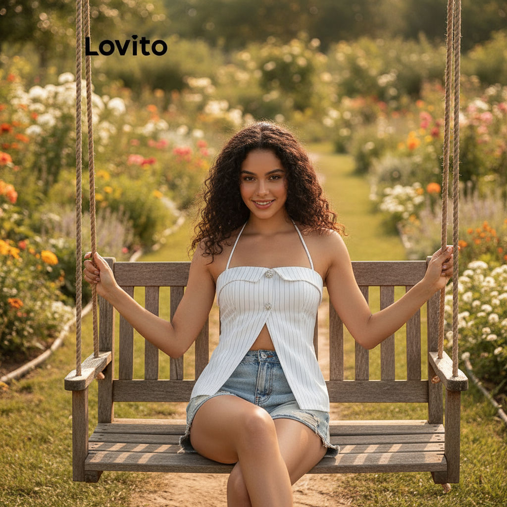 (trendy3)Lovito เสื้อแขนกุดผู้หญิง มีกระดุม สีพื้น สไตล์ลำลอง LNA75360