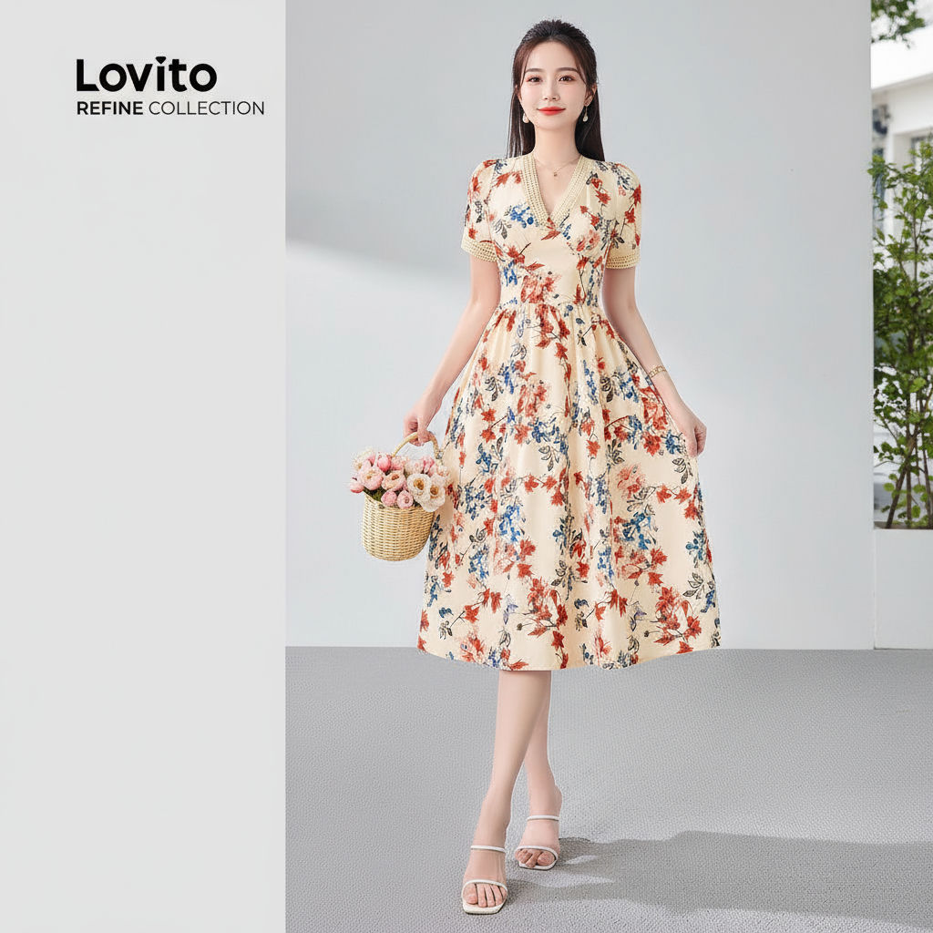 trendy6-(Lovito Refine) ชุดเดรสโบฮี ริ้ฟเฟิลคอ สบายและนุ่มสำหรับสุภาพสตรีในฤดูใบไม้ผลิ/ฤดูร้อน LR12E