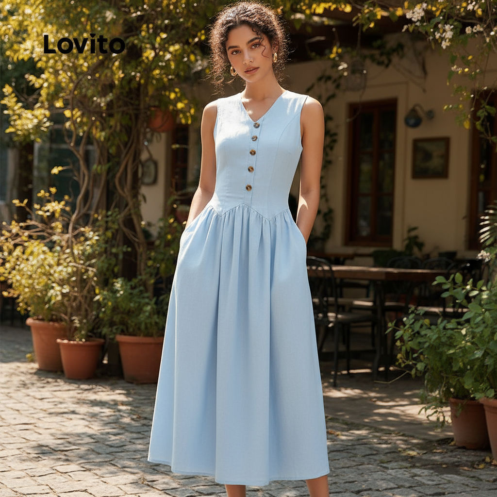 Lovito ชุดเดรสผู้หญิงสีฟ้า ซิปเรียบหรู สําหรับฤดูใบไม้ผลิและฤดูร้อน รุ่น L134LD189