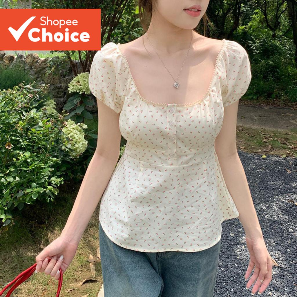 ผู้หญิงลําลอง Ditsy ดอกไม้ปุ่มดอกไม้เสื้อ LNM65156