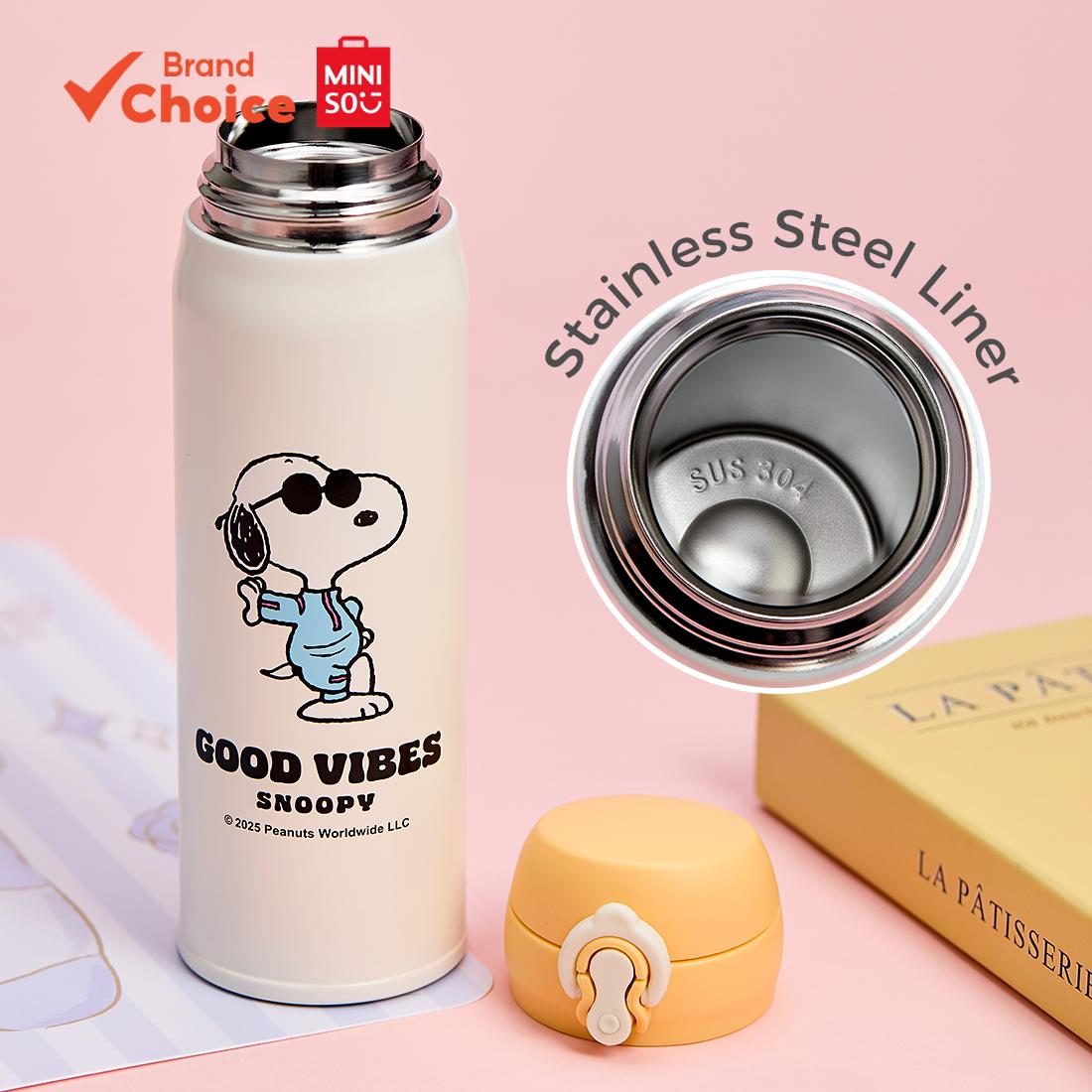 MINISO  Snoopy Sea Diary Series - แก้วน้ําเก็บอุณหภูมิฝาเปิด-ปิด 450ml กระติกน้ําร้อนพกพา ขนาด 7ซม.×