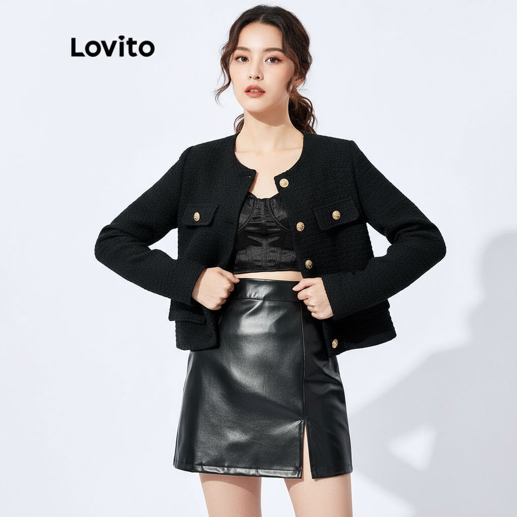 Lovito เสื้อโค้ทผู้หญิงคอกลมติดกระดุมเรียบหรูสําหรับฤดูใบไม้ร่วงและฤดูหนาว L32FW095
