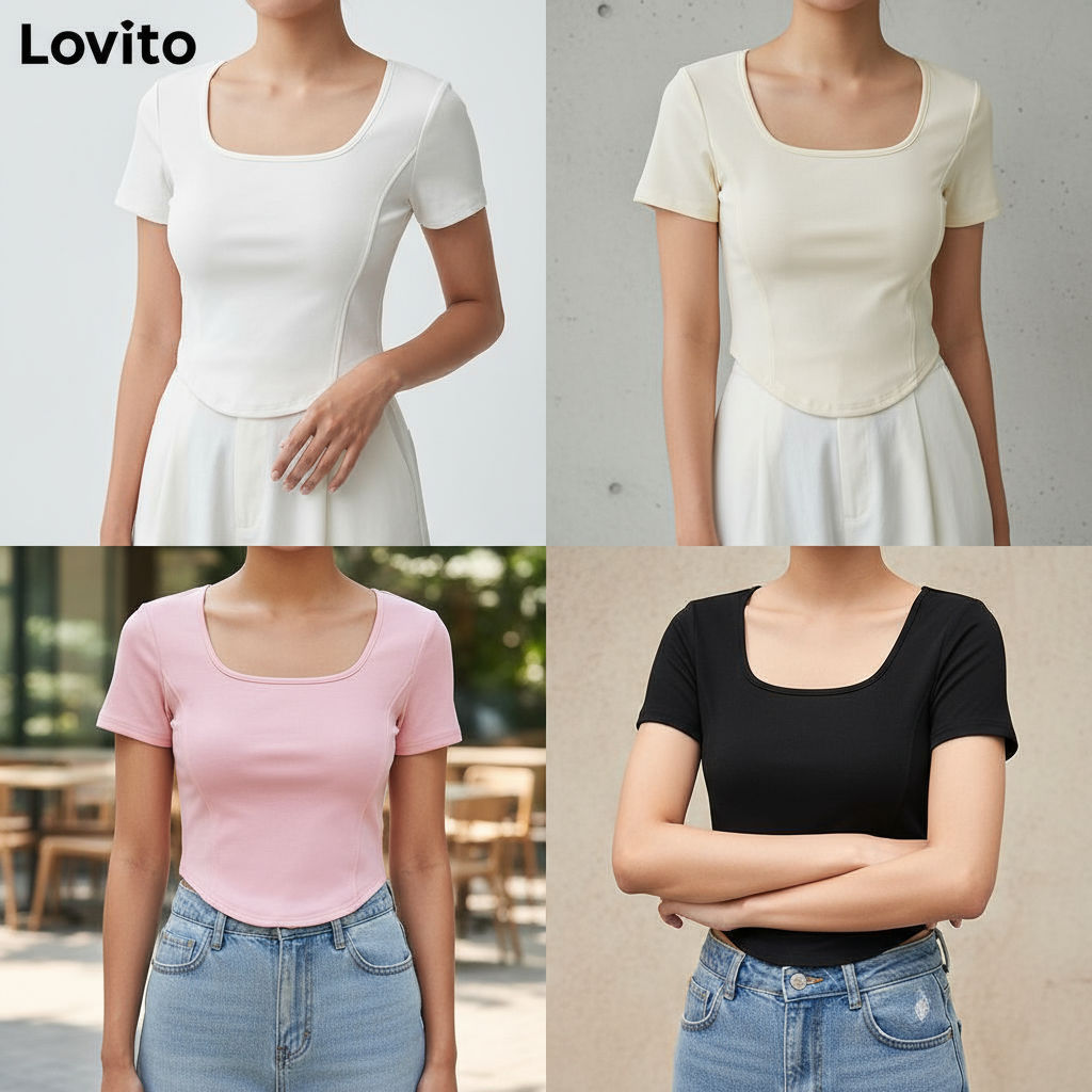 Lovito เสื้อยืดผู้หญิงลําลองลายเส้นโครงสร้างเรียบ LNE31215 (หลากสี)