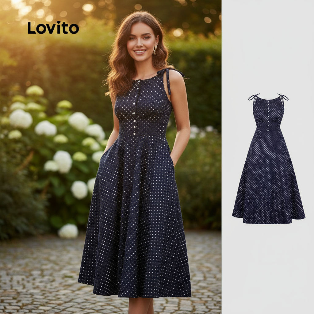 Lovito ชุดเดรสผูกโบว์ด้านหน้า มีกระดุม สไตล์ฤดูใบไม้ผลิ/ฤดูร้อน สีน้ําเงินปรัสเซีย L155ED722