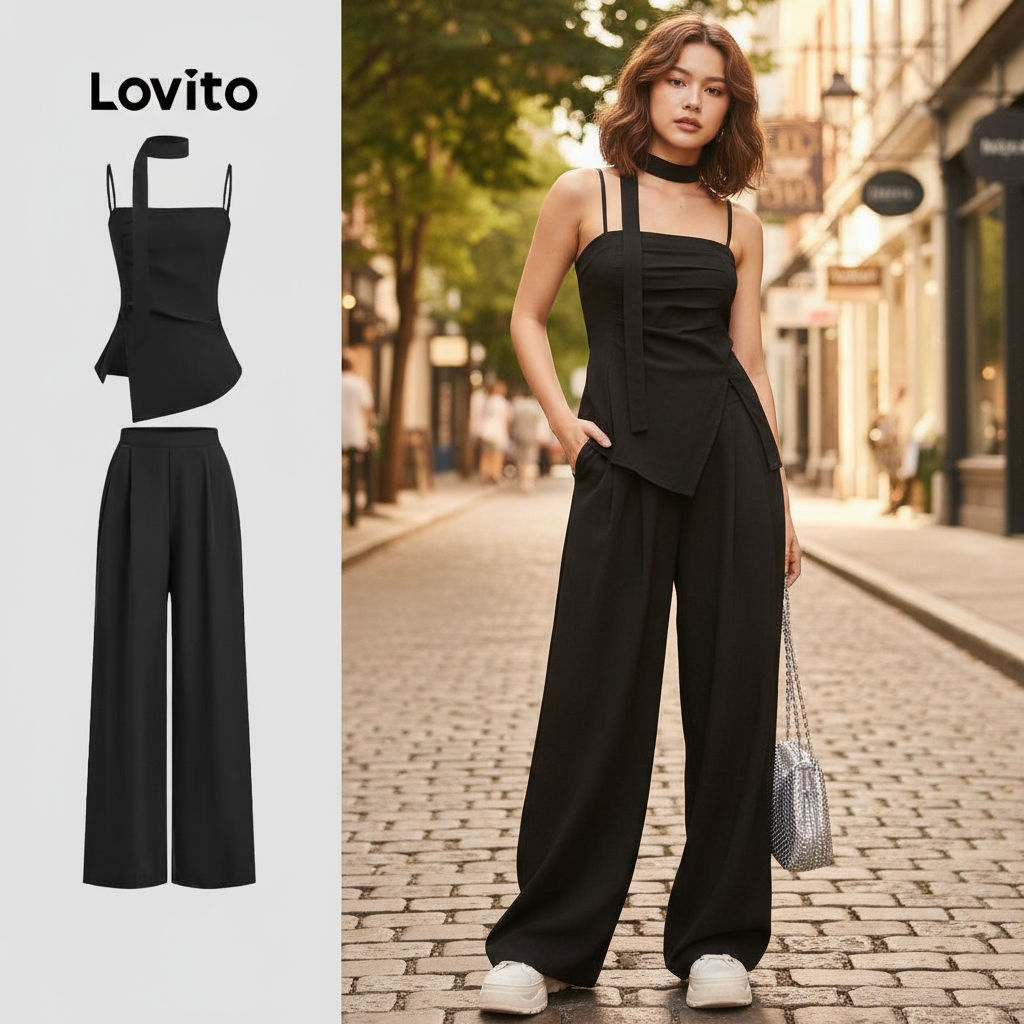 Lovito ชุดกางเกงโบว์สําหรับฤดูใบไม้ผลิ/ฤดูร้อน สีดํา หรูหรา L142LD229