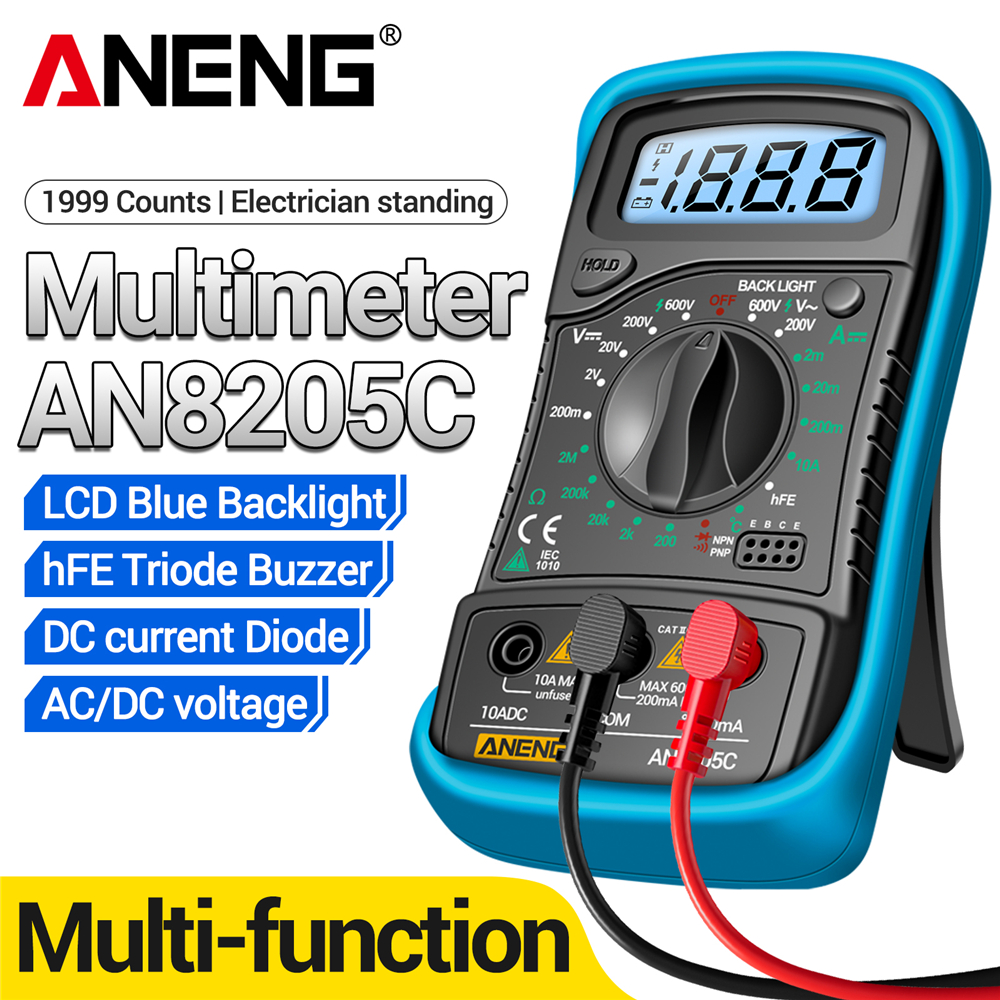 One Piece ANENG AN8205C ดิจิตอล Professional มัลติมิเตอร์ AC DC แรงดันไฟฟ้า hFE Ohm Current อุณหภูมิเครื่องทดสอบ LCD Backlight