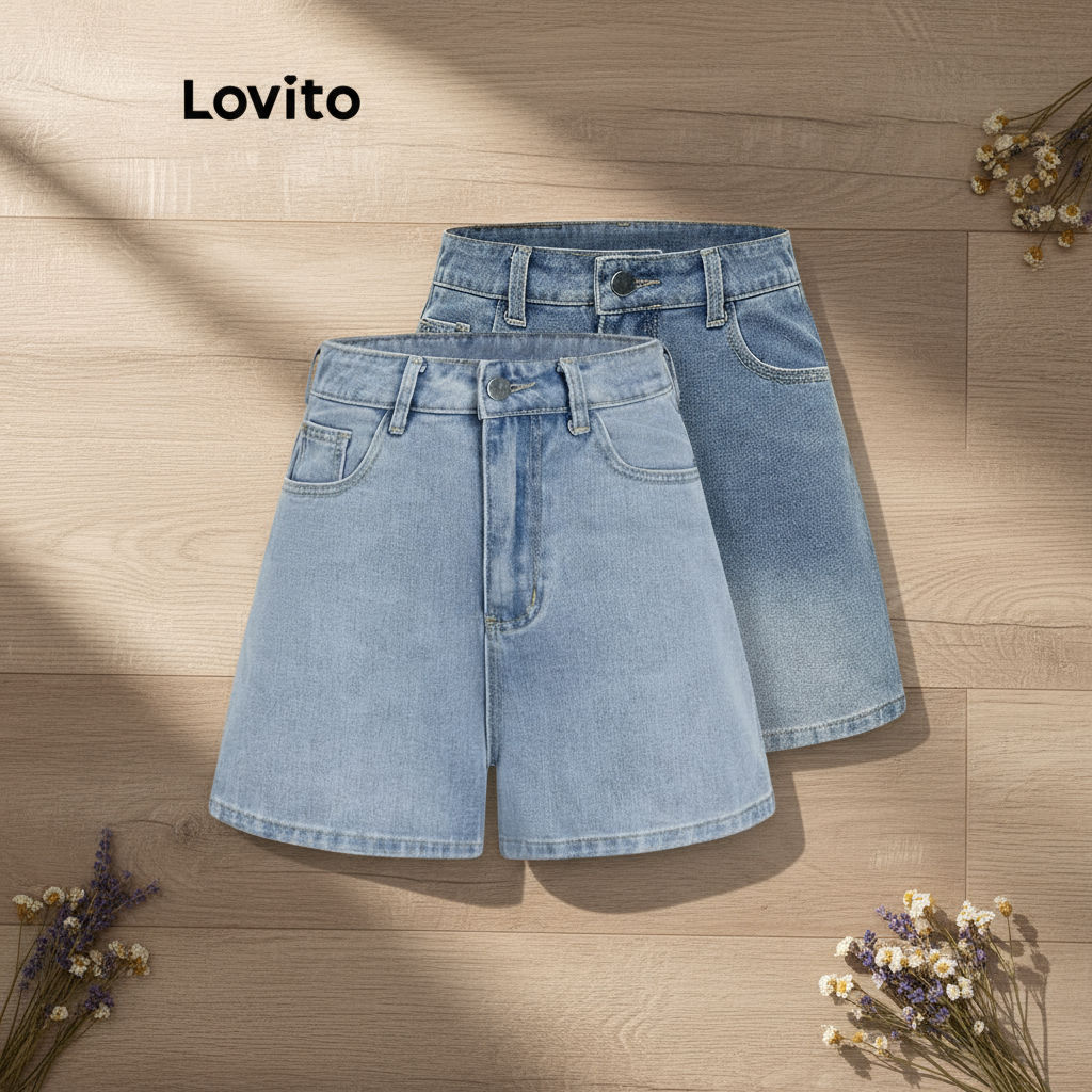 trendy6-Lovito กางเกงขาสั้นเดนิมลําลอง กางเกงขาสั้นผ้าเดนิมปุ่มธรรมดาสําหรับผู้หญิง L82AD168 (หลากสี